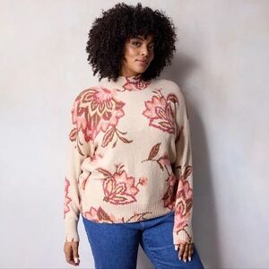LC Lauren Conrad Cream Floral Mock Neck Sweater with Pink Accents
